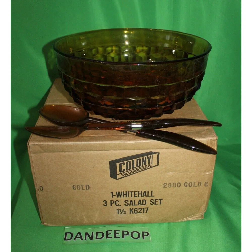 Whitehall Colony Gold Amber Glass Diamond Pattern 3 Piece Salad Set K6217